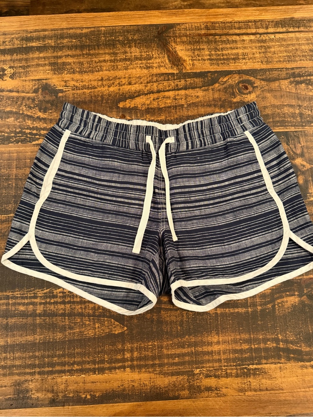 Athleta Navy and Light Blue Striped Athletic Shorts with White Trim